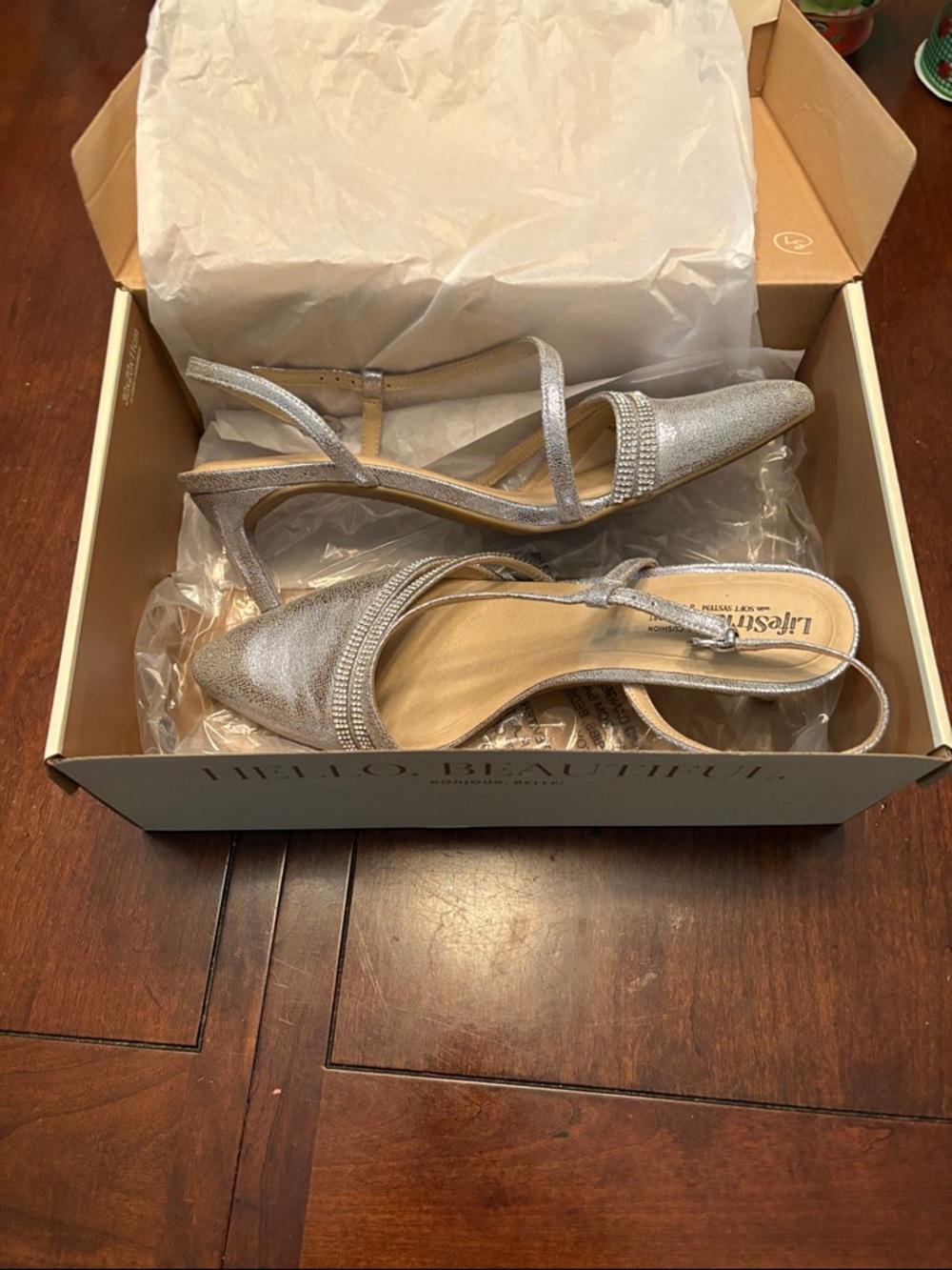 Life Stride Silver Pointed Slingback Heels with Crystal Band